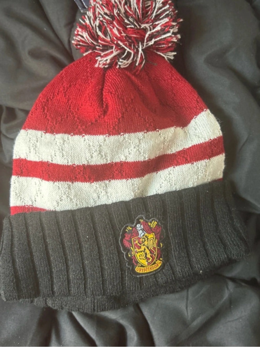 Striped Pom Knit Beanie Hat - Red, White & Black